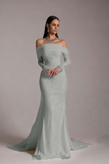 Stunning Prints Off the Shoulder Long Sleeves Mermaid Prom Dress with Pleated