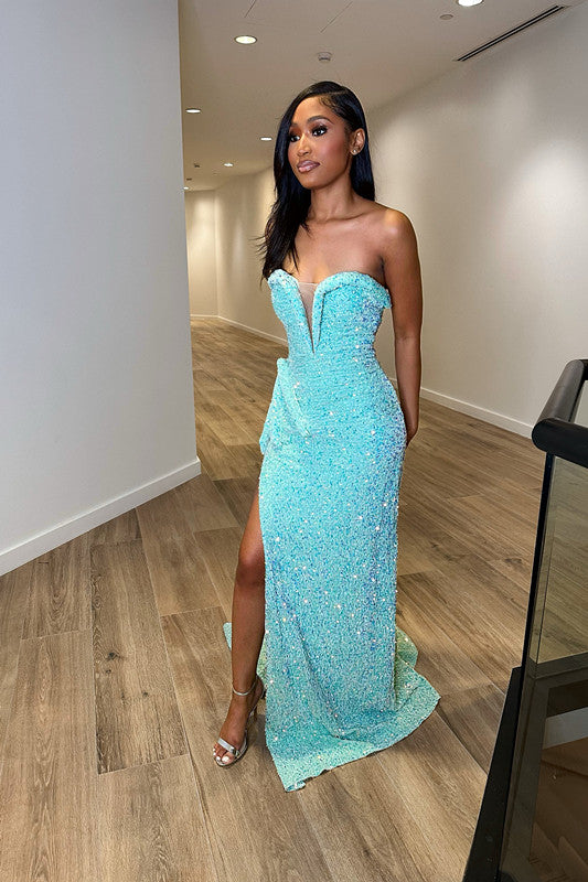Blue Sequins Sleeveless Sweetheart Mermaid Princess Prom Dress With Split Trumpet