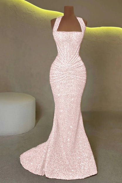 Gold Sleeveless Halter Straps Mermaid Prom Dress With Sequins