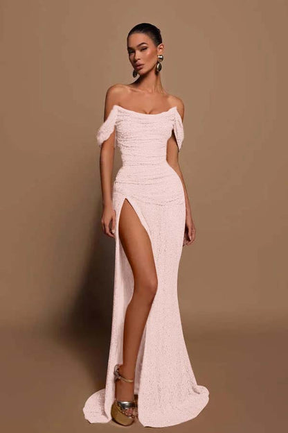 Glamorous Sequins Off the Shoulder Sleeveless Pleated Long Prom Dress with Split