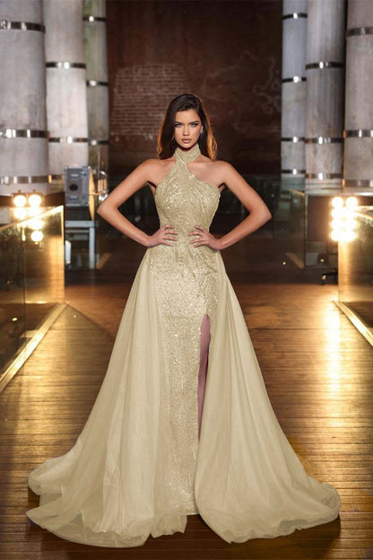 Purple Halter Mermaid Prom Dress Tulle Ruffles With Slit Appliques