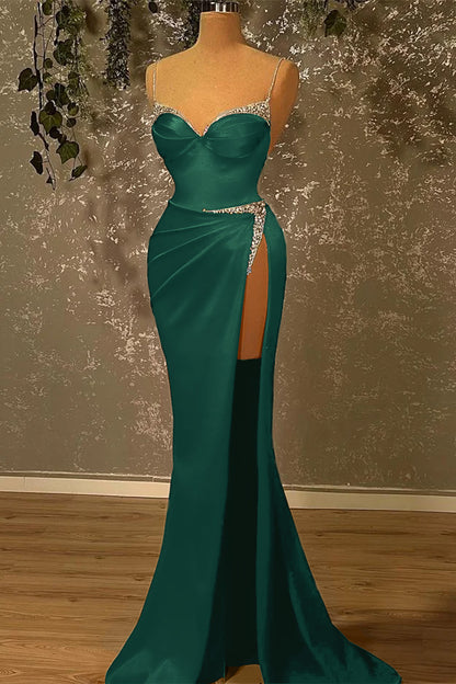 Spaghetti-Straps Beadings Burgundy Mermaid Prom Dress With Slit