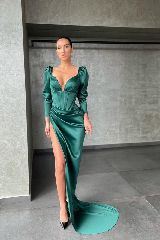 V-Neck Long Sleeves Mermaid Prom Dress With Slit