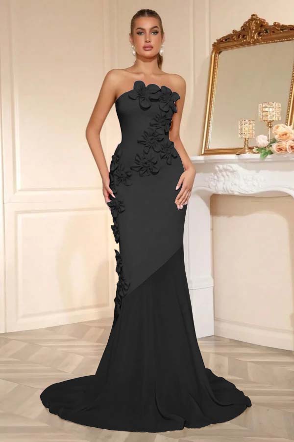 Elegant Sleeveless Satin Square Strapless Mermaid Prom Dress With Handmade Flower