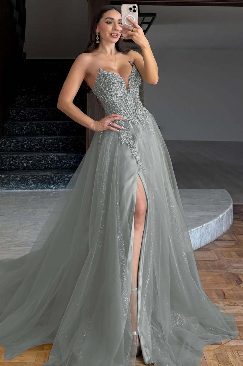 Sleeveless V-Neck A-Line Prom Dress With Embroidery