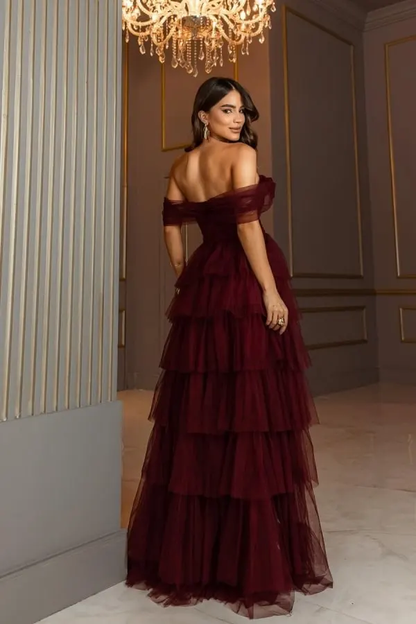 Burgundy Tulle A-Line Off-The-Shoulder Split Evening Dress