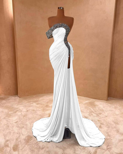 Light Purple Sleeveless Strapless Mermaid Beads Prom Dress
