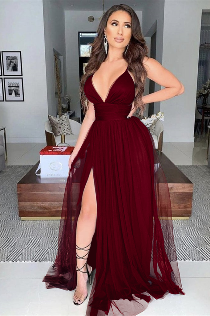 Black Modern V-Neck Prom Dress With Slit