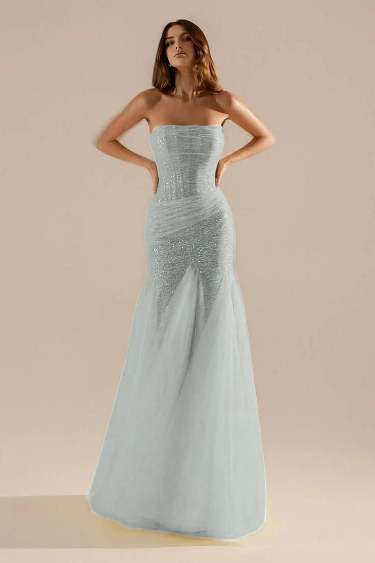 Sleeveless Strapless Square Prom Dress With Sequins
