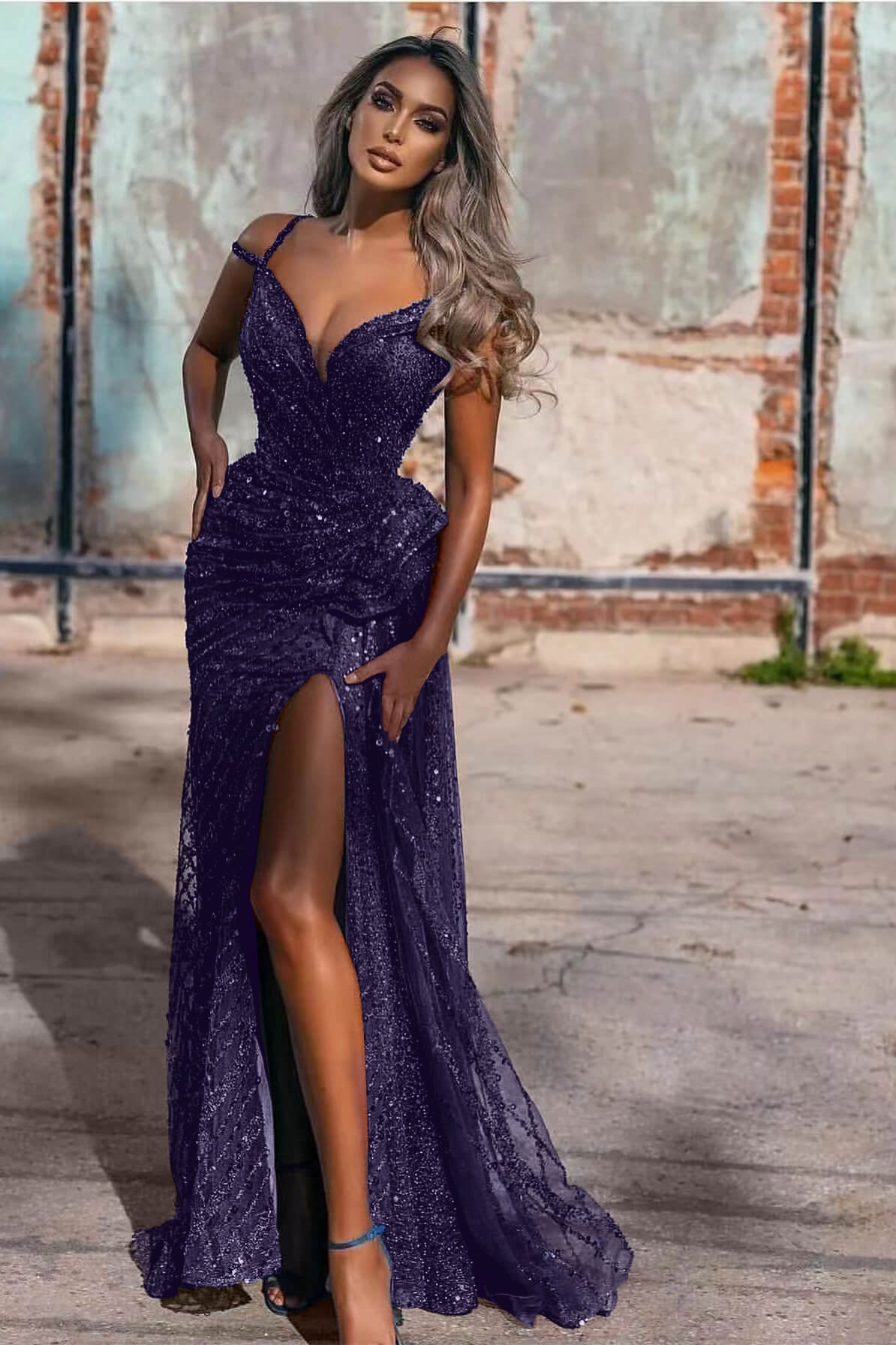 Royal Blue Off-The-Shoulder Evening Dress Split Mermaid Sequins