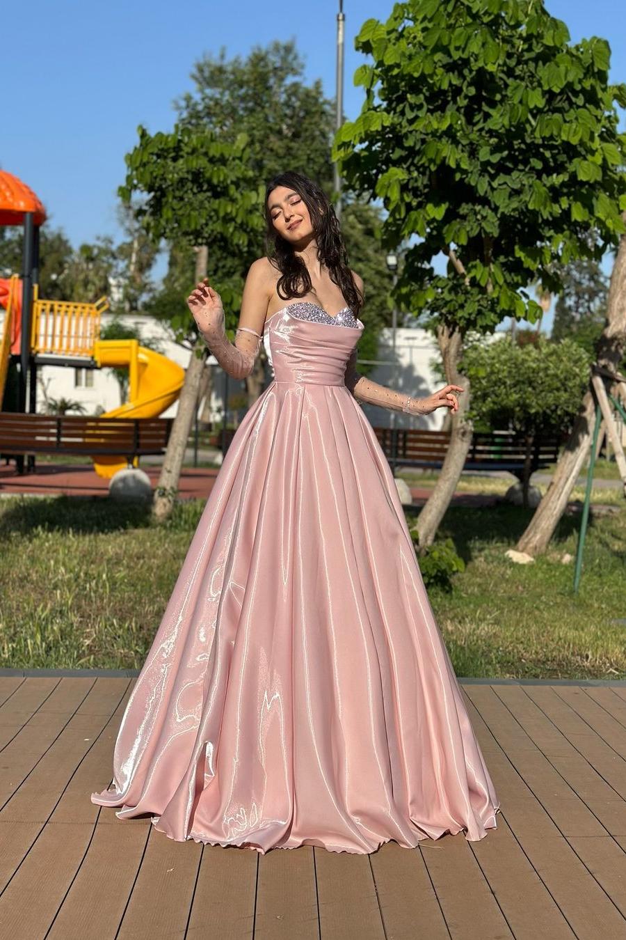 Stunning Pink Strapless Sleeveless Pleated Beadings Prom Dress with Gloves