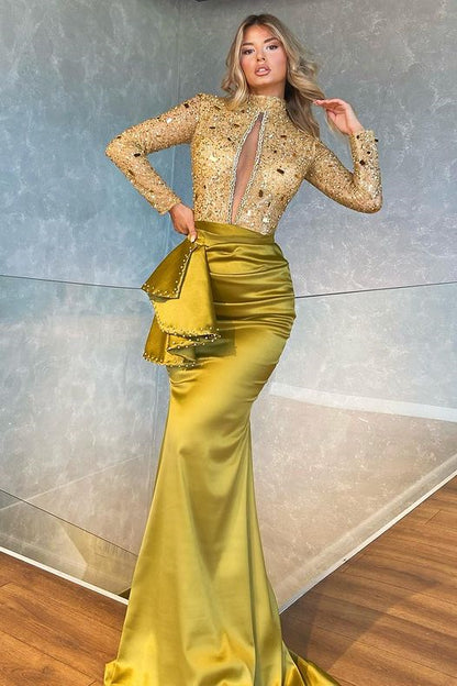 High Collar Long Sleeves Mermaid Prom Dress With Beadings