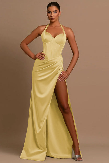 Gorgeous Yellow Halter Sleeveless Slit Prom Dress With Chic Pleats