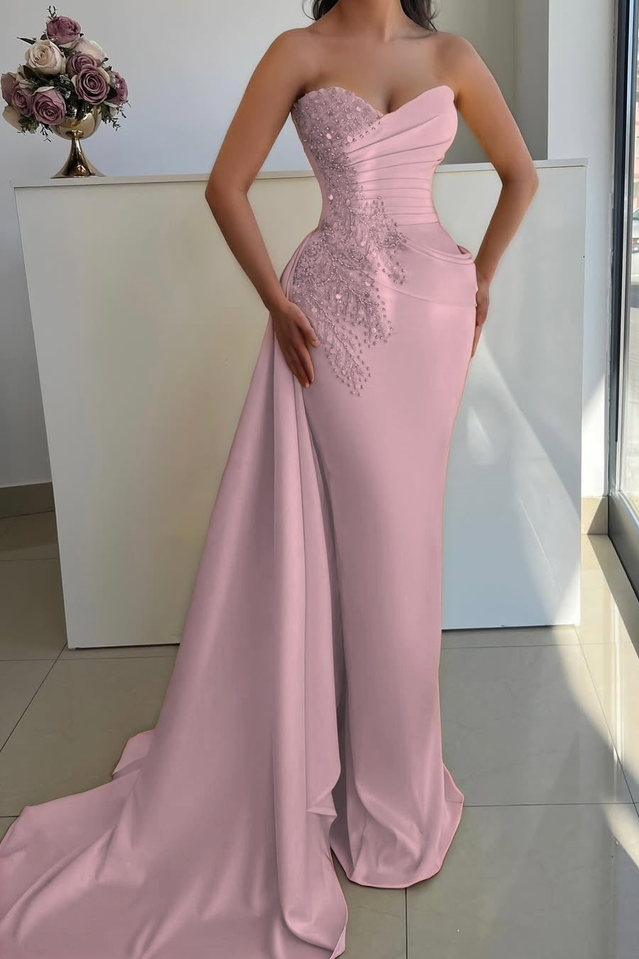 Sleeveless Strapless V Neck Mermaid Beaded Prom Dress With Tail