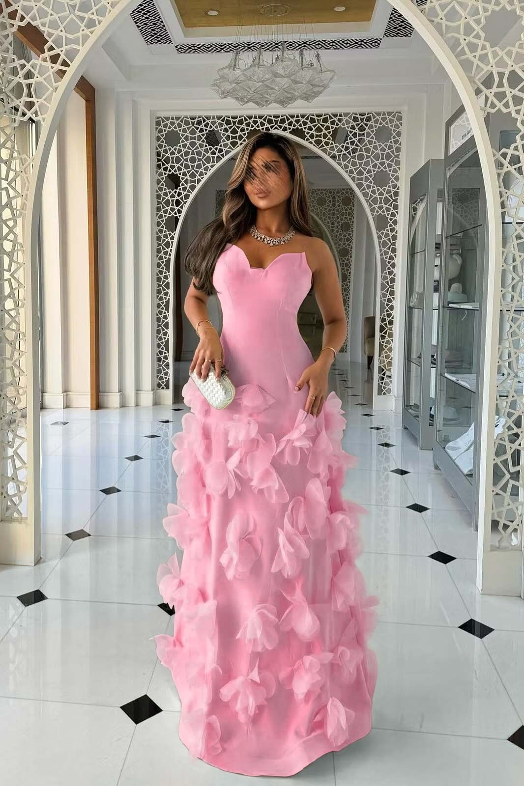 Daffodil Strapless Evening Dress Sleeveless Floor Length With Flower