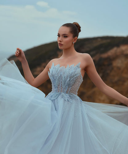 Gorgeous Blue Tulle Strapless Sleeveless Beaded Pleated Prom Dress