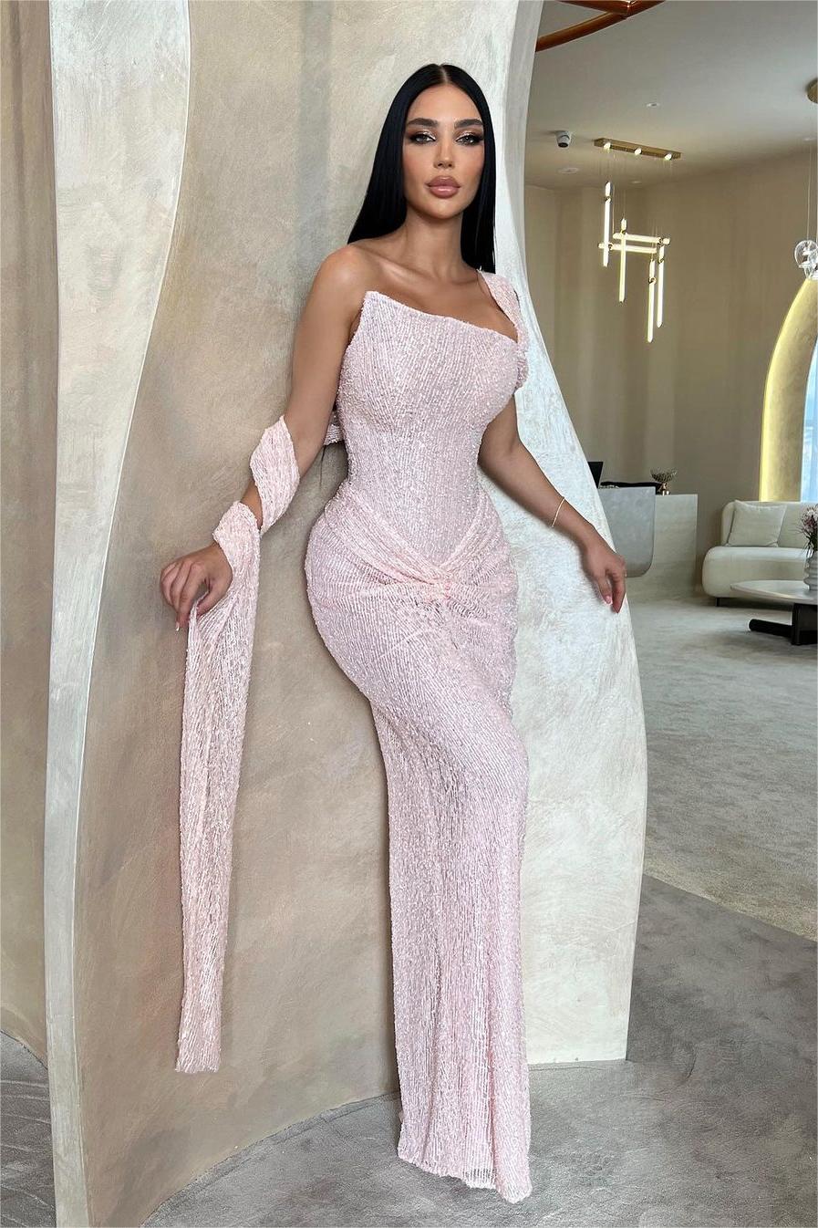 Stunning Pink Sequins One Shoulder Sleeveless Slim Prom Dress with Pleated