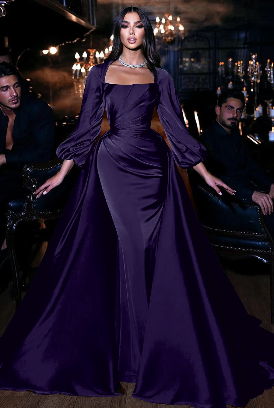 Square Emerald Long Sleeves Mermaid Prom Dress With Ruffles