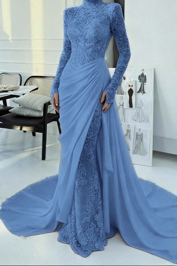 Glamorous Lace Burgundy High Neck Long Sleeves Evening Dress With Appliques