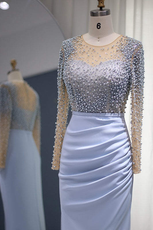 Jewel Neck Mermaid Prom Dress Long Sleeves With Beaded Wrinkled