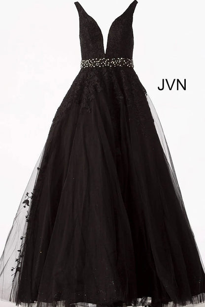 Black V-Neck Sleeveless Prom Dress with Applique Beadings