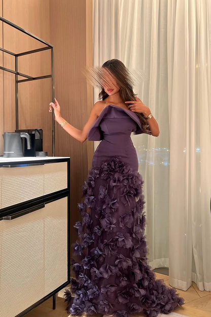 Sleeveless Elegant Purple One-Shoulder Floral Long Prom Dress