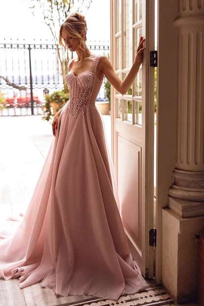Pink Sleeveless Sweetheart A-Line Beadeds Prom Dress