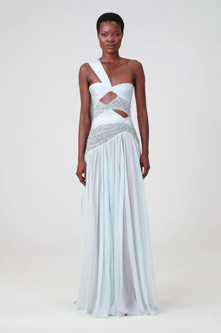 Charming Blue Sleeveless One Shoulder Long Evening Dress with Sequins