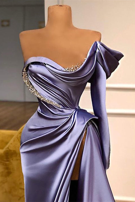 One-Shoulder Purple Long Sleeves Beadings Evening Dress Split Mermaid
