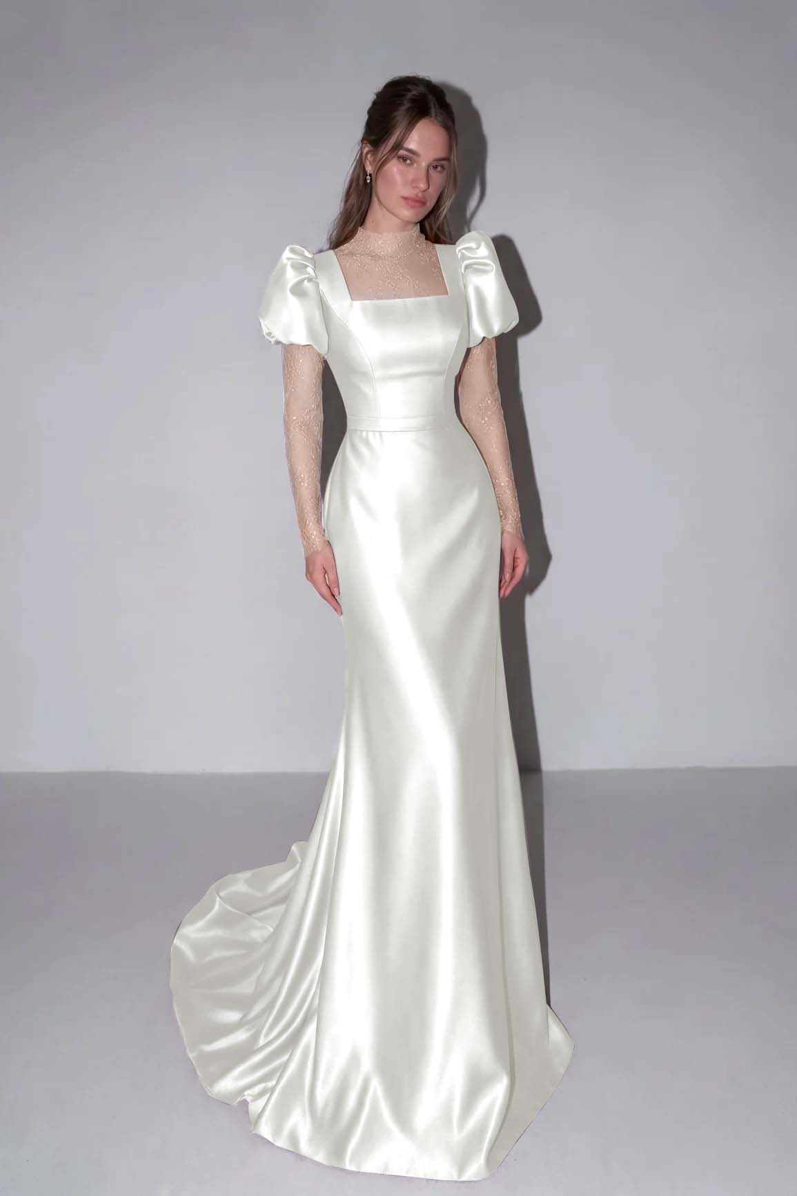 Lilac High Neck Mermaid Prom Dress Long Sleeves in Satin with Lace