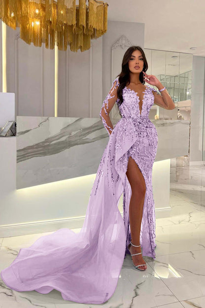 Shiny Blue Slit Mermaid Beaded Prom Dress Appliques Tulle With Long Sleeves