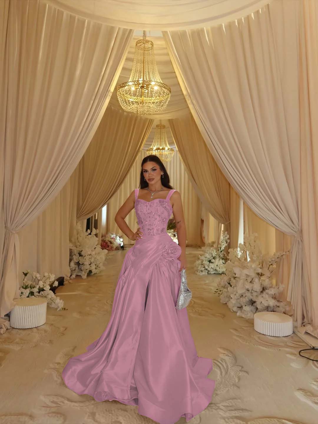 Elegant Pink Sleeveless Wide Straps A Line Beading Embroidery Prom Dress