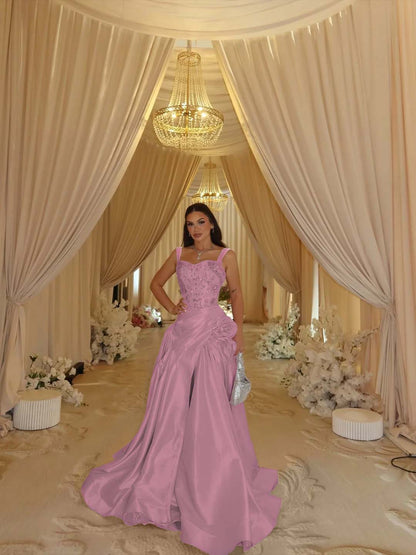 Elegant Pink Sleeveless Wide Straps A Line Beading Embroidery Prom Dress