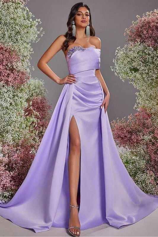 Charming Lilac Satin Strapless Off the Shoulder Long Split Prom Dress with Beadings