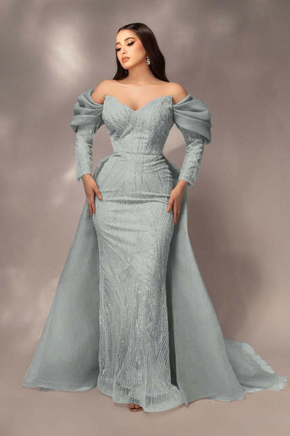 Glamorous Sequins Off the Shoulder Long Sleeves Mermaid Prom Dress with Pleated