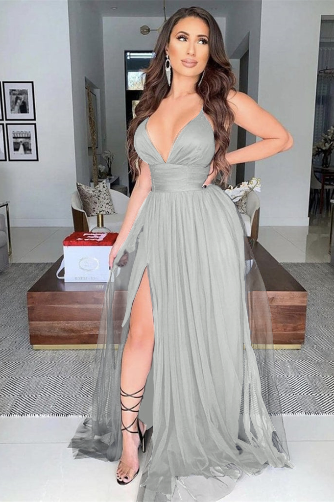 Black Modern V-Neck Prom Dress With Slit