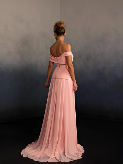 Glamorous Pink Off-The-Shoulder Pleated Long Evening Dress