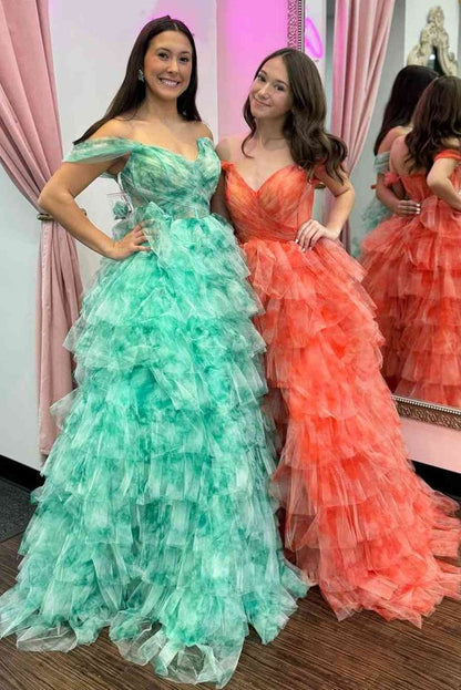 Tulle A-Line Off-Shoulder Empire Tiered Party Prom Dress