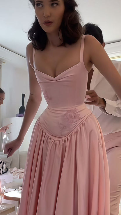 Pink A Line Spaghetti Straps Appliques Satin Long Prom Dress Evening Dress SH1787