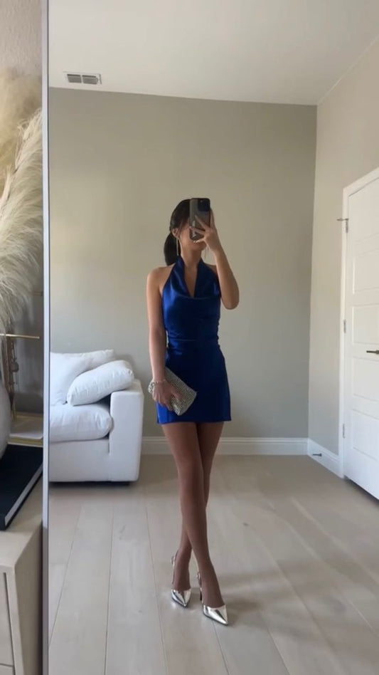 Trendy Sheath Halter Satin Royal Blue Mini Short Formal 7th Grade Homecoming Dresses Middle School Short Prom Dress Hoco Outfits DH1383