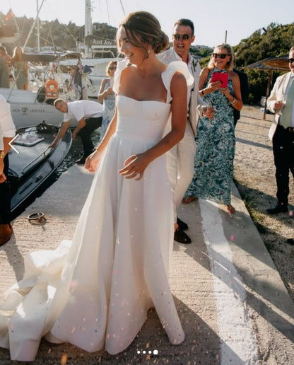 Unique Wedding Dresses Ball Gown Square Neck Satin White Long Wedding Dresses Simple Bride Dress Bridal Gowns DH1429