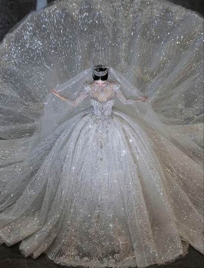 Luxury Ball Gown Sweetheart Sequin With Lace White Wedding Dress Modest Wedding Dresses Princess Wedding Gowns DH1494