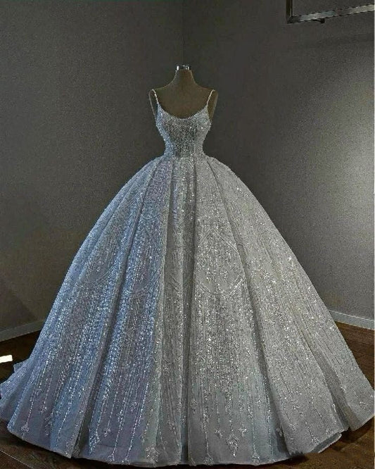 Unique Bridal Dress Ball Gown Spaghetti Straps White Sequin Long Wedding Dresses Luxury Bride Dress Bridal Gowns DH1518