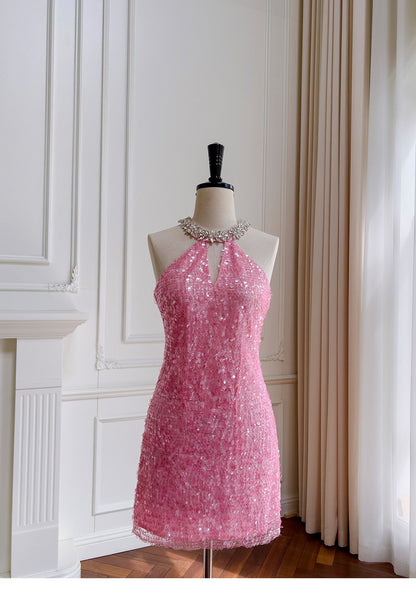 Unique Sheath Scoop Pink Sequin Short Mini Formal 8th Grade Homecoming Dresses Middle School Short Cocktail Dress Hoco Outfits DH2100