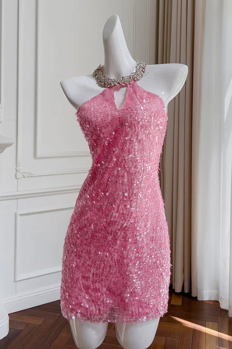 Unique Sheath Scoop Pink Sequin Short Mini Formal 8th Grade Homecoming Dresses Middle School Short Cocktail Dress Hoco Outfits DH2100