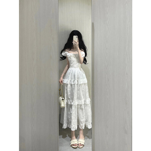 Vintage A line Square Neck White Lace Long Summer 18th Birthday Dress Party Dress Birthday Outfits Evening Dresses DH2408