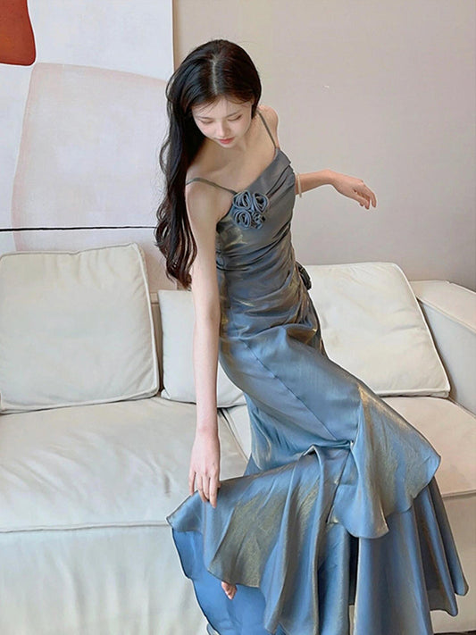 Vintage Mermaid Spaghetti Straps Blue Long Summer 18th Birthday Dress Party Dress Birthday Outfits Evening Dresses DH2418