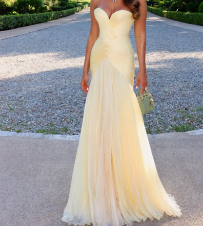 Chic Sheath Long Prom Dresses Tulle Sweetheart Birthday Dresses Yellow Evening Dresses  DP04667
