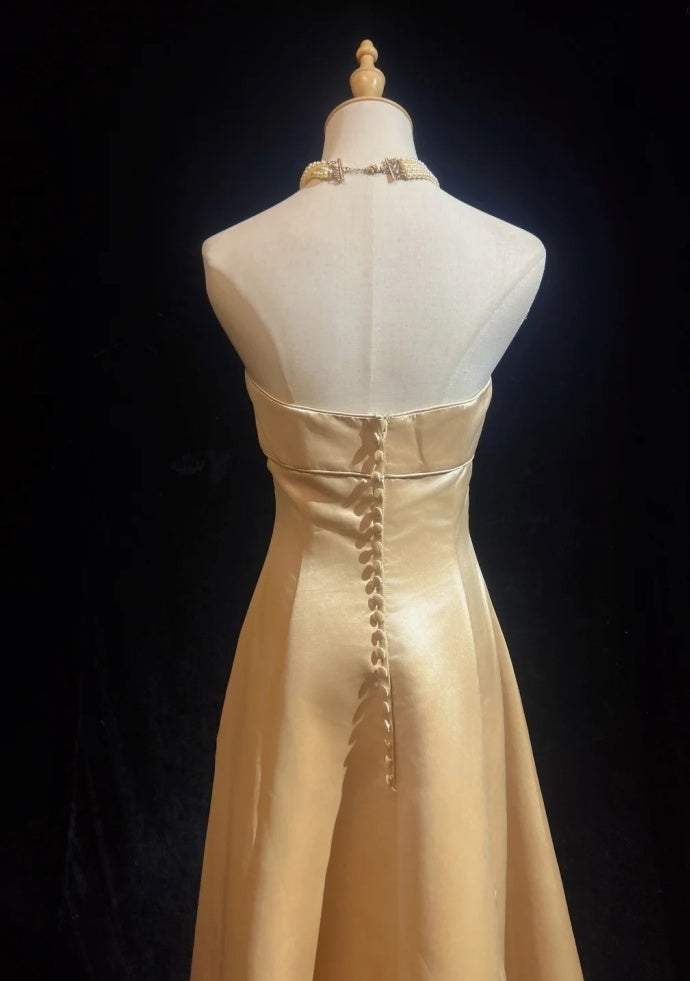 Chic Champagne Bridesmaid Dress  Satin Sheath Evening Dress Sleeveless DP05208