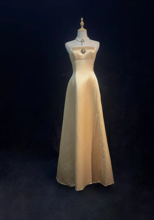 Chic Champagne Bridesmaid Dress  Satin Sheath Evening Dress Sleeveless DP05208